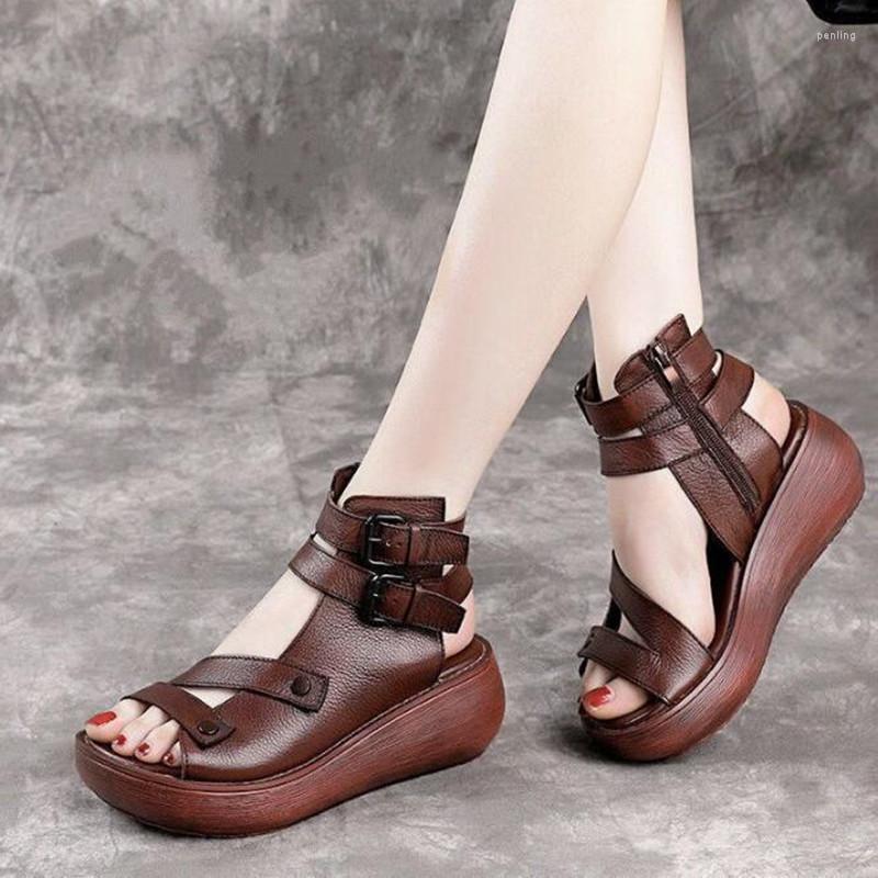 

Dress Shoes 2022 Fish Mouth High Quality Soft PU Leather And Cowhide Summer Roman Women Sandals Platform Heighten Shoe Wedges, Brown 2