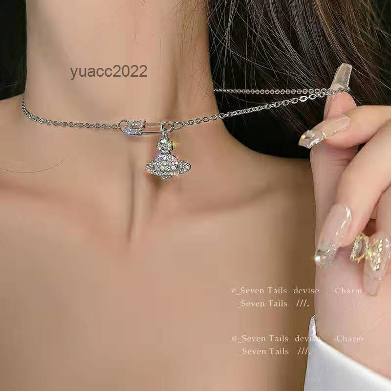 

Pendant Necklaces Korean Vivian Westwood West Sterling Silver S925 women's pin Saturn diamond studded planet clavicle