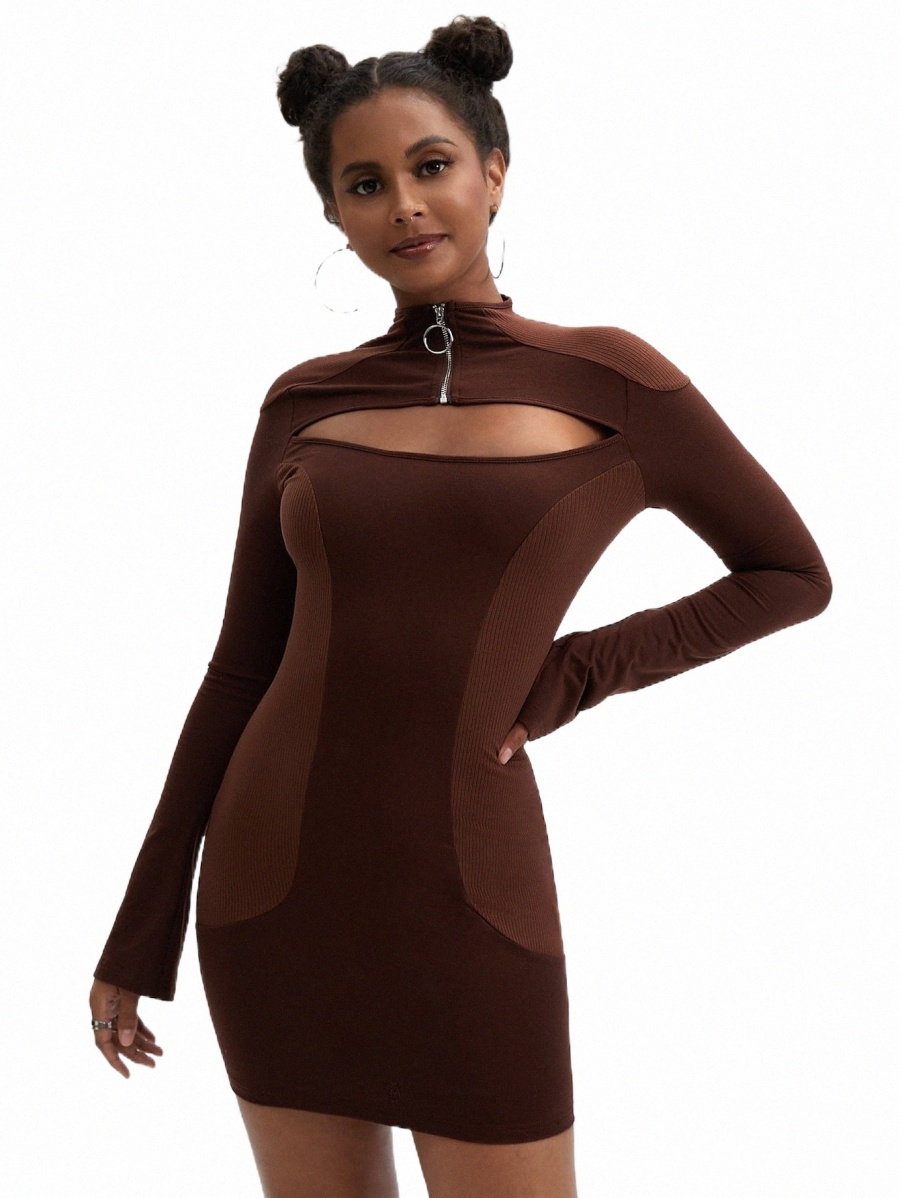 

Casual Dresses x Talia Nichelle Mock Neck Cut Out Zip Front Contrast Panel Bodycon Dress e3hc#, Chocolate brown