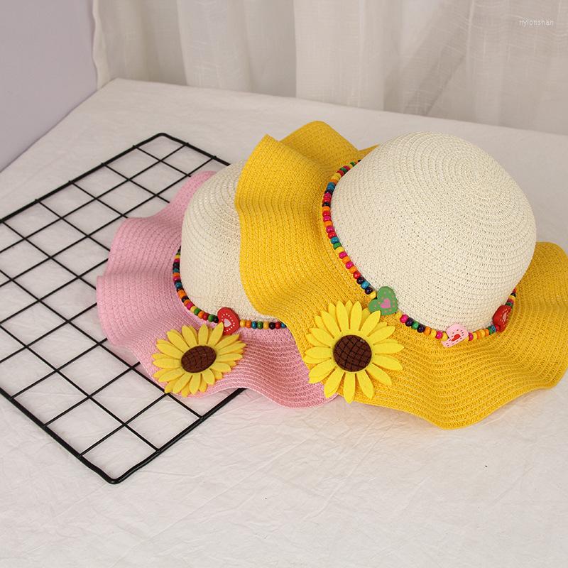 

Wide Brim Hats H7414 Children Sun Hat Spring Summer Protection Straw Cap Girls Baby Beach Sunshade Sunscreen Princess Flower Sweet, Pink