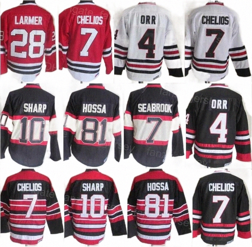 

College Hockey Wears jersey Men Vintage Ice Hockey Retro 10 Patrick Sharp Jerseys 81 Marian Hossa 28 Steve Larmer 4 Bobby Orr 7 Chris Chelios 88 Patrick Kane All nh 13Vu#, 7 white