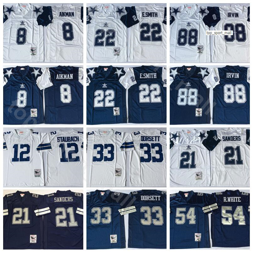 

NCAA Vintage Football 21 Deion Sanders Jersey 8 Troy Aikman 22 Emmitt Smith 33 Tony Dorsett Randy White Michael Irvin Roger Staubach Navy, 88 white