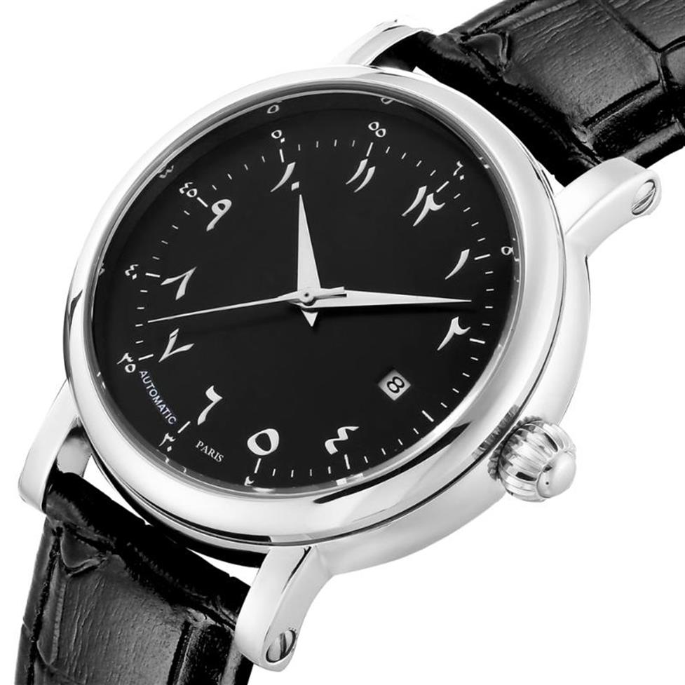 

Big Case Arabic Watch for Man Automatic Self Wind Watches Arabic Numerals Dial Face Watches Men Automatic Mechanical Movement288F, Silver brown strap