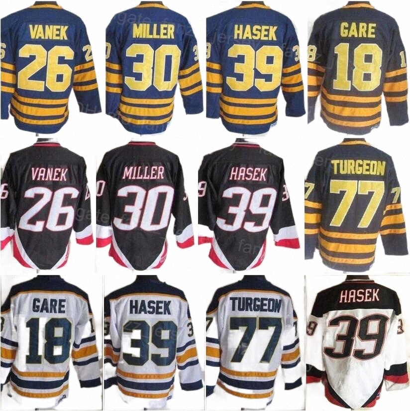 

College Hockey Wears jersey Men Retro Ice Hockey Vintage 26 Thoma Vanek Jerseys CCM 18 Danny Gare 30 Ryan Miller 77 Pierre Turgeon 39 Dominic Hasek 16 Pat LaFontai N4PH#, 39 white