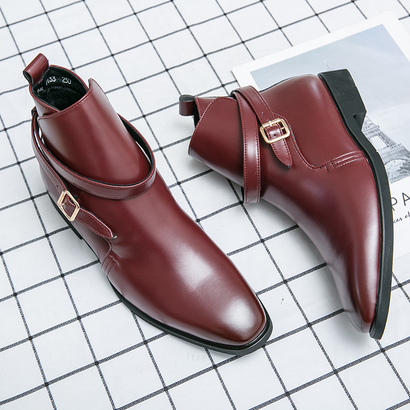 British Chelsea Boots Men Shoes Solid Color PU Personalized Belt Diagonal Buckle Fashion Casual Street All-match AD041