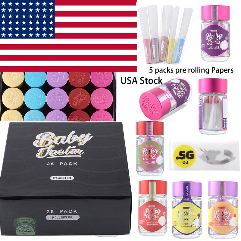 

USA Stock Baby Jeeter Infused Prerolls Bag E-cigaretteg Accessories Glass Tank Jar Bottle Clear Round Box 5 packs pre rolling Papers 5 Color Empty Container 16 Strains