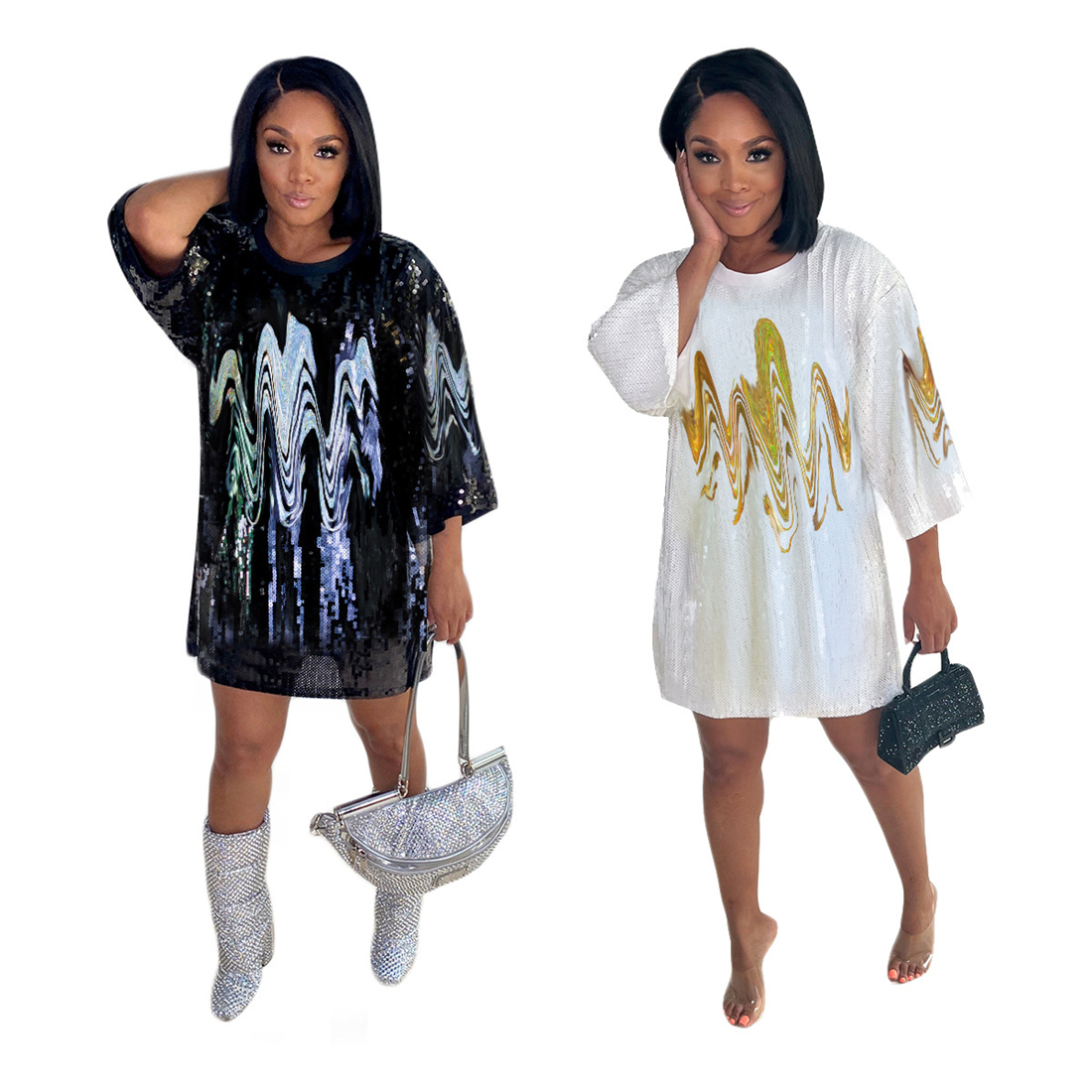 2022 Fashion Nouvelle lettre Robe courte imprimée pour femmes paillettes brillantes demi-manches en vrac marque décontractée mini-robes robes w00