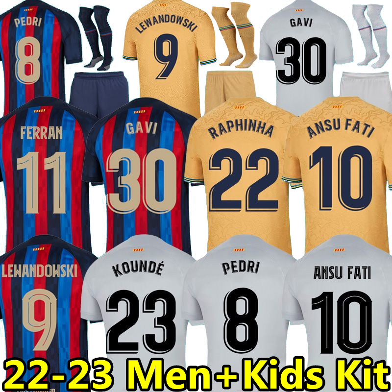 

22 23 Camisetas de football Barcelona SOCCER JERSEYS LEWANDOWSKI MEMPHIS PEDRI Araujo Dembele GAVI RAPHINHA FERRAN ANSU FATI 2022 2023 F. DE JONG shirt men kids kit, 22-23 away kids