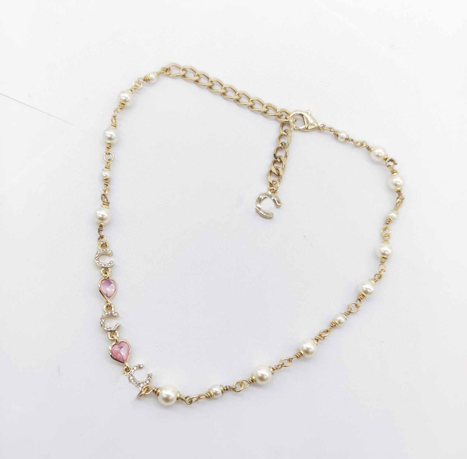 

Top quality charm pendant necklace with pink crystal and nature pearl short design have stamp box PS7084A