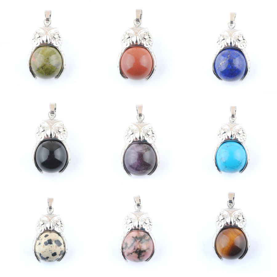 Natural Round Gemstone Bead Pendants Tiger Eye Lapis Crystal Owl Pendant for DIY Trendy Jewelry Necklace Reiki Heal Gift BO921-image-796612273