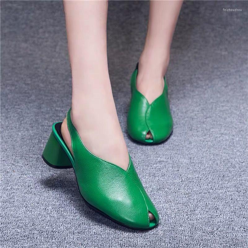 

Sandals Women's Fish Mouth Semi-Baotou Slippers Women Fashion Wear Real Soft Leather Mid Heel 2022 Summer High, Beige