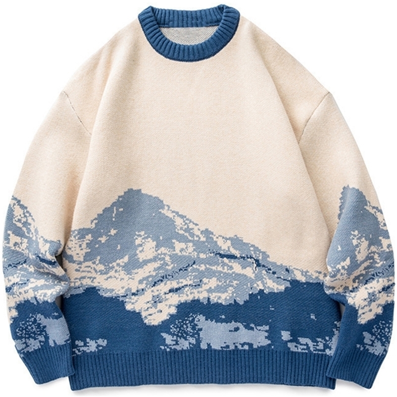 Men's Sweaters Men Hip Hop Streetwear Harajuku Vintage Japanese Style Snow Mountain Knitted Winter Casual Pullover Knitwear 220829