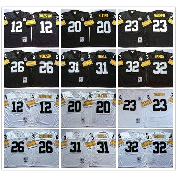 

Jersey Vintage Pittsburgh 12 Terry Bradshaw Steeler 20 Rocky Bleier 23 Mike Wagner 26 Rod Woodson 31 Donnie Shell 32 Franco Harris Stitched Jersey, As picture