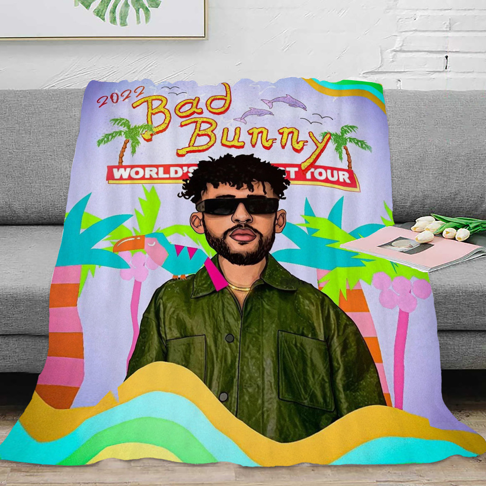 

Custom With Logo 3D Printed Accessories Blanket Design Cartoon Painting Polyester Bad Bunny Sublimation Fleece Travel Throw Blanket for unisex