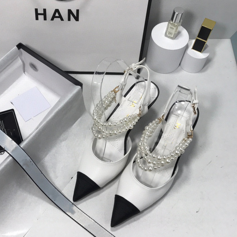 

Luxury Pearl Chain Kitten Heel Sandals Soft Leather Color Matching Women's Designer Shoes, Khaki