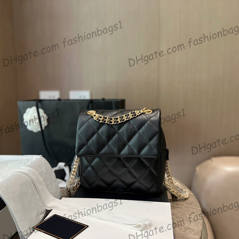 

22P Womens Mini Caviar Leather Calfskin Backpack Bags GHW Casual Versatil Double Chains Shoulder Bucket Handbags Fashion Trendy Outdoor Sacoche Schoolbag 19X21CM, Box