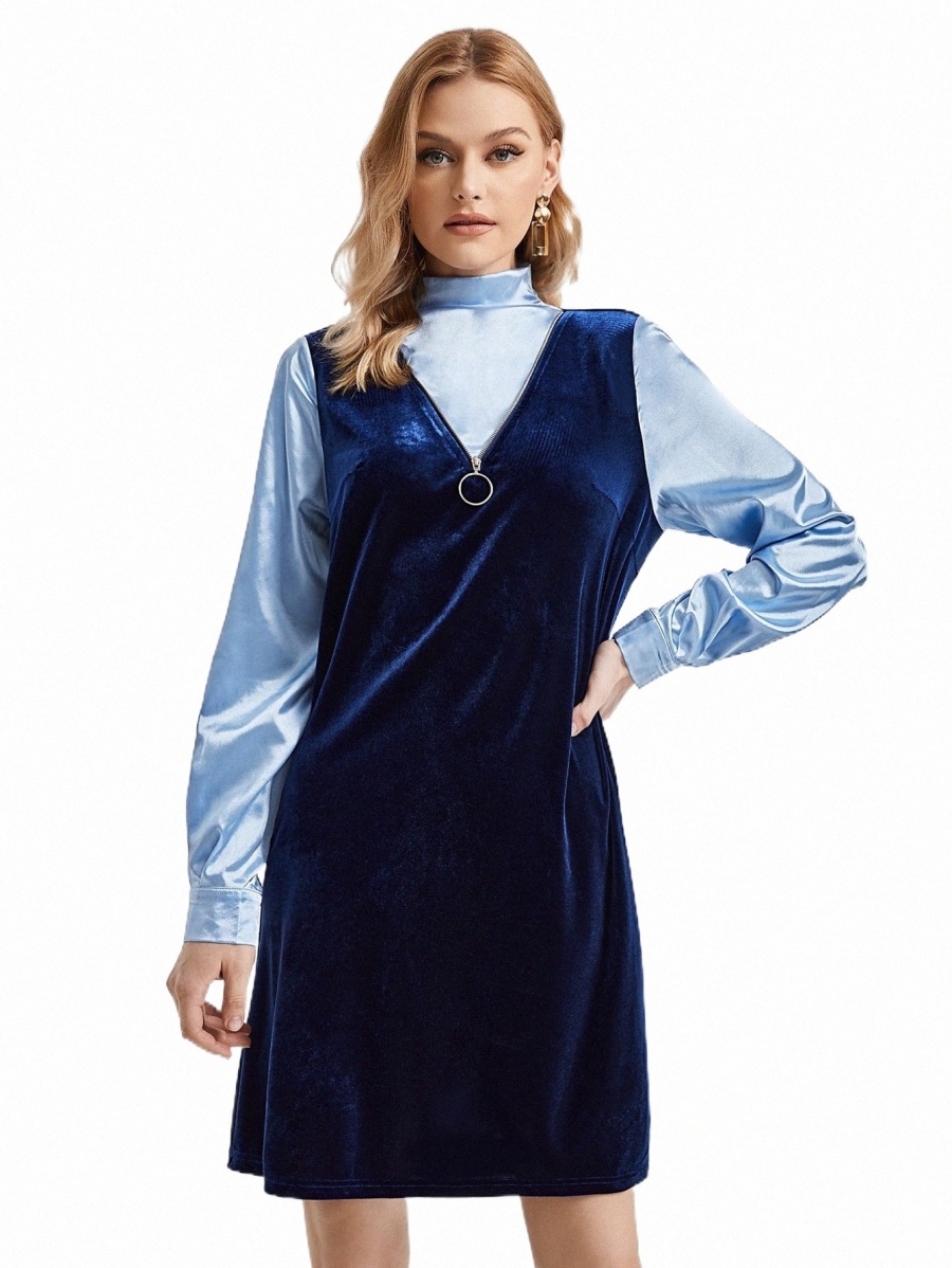 

Casual Dresses x NYMPHERIA O-ring Zip Front Velvet Dress Without Blouse a78w#, Navy blue