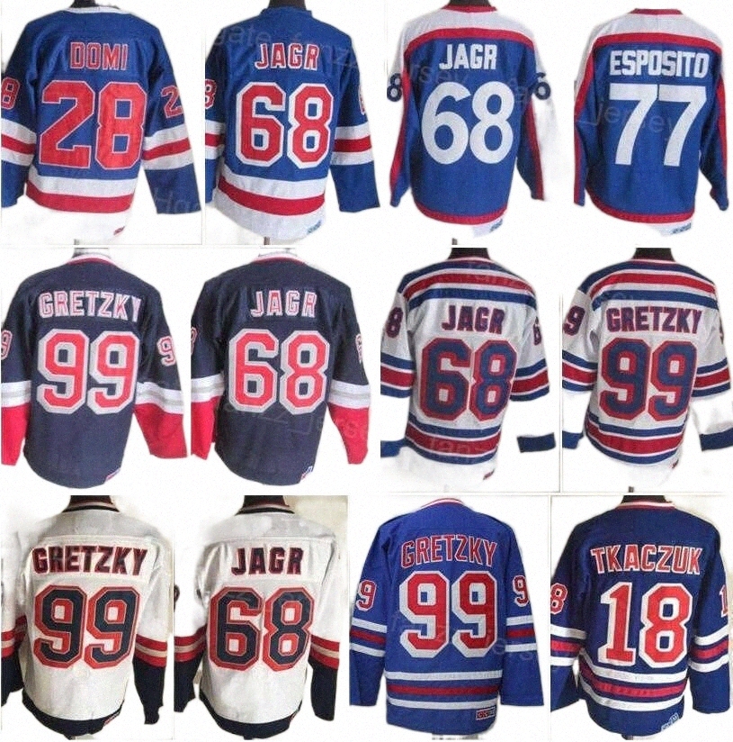 

College Hockey Wears jersey Men Ice Hockey Vintage 99 Wayne Gretzky Retro Jerseys 18 Walt Tkaczuk 68 Jaromir Jagr 77 Phil Esposito 28 Tie Domi Stitched 75th Anniv l0GV#, 68 white