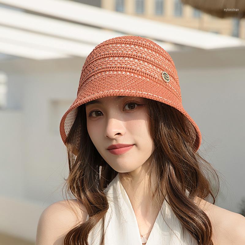 

Wide Brim Hats 2022 Hollow Breathable Knitted Bucket Hat For Women Simple Fashion Fisherman Cap Spring Summer Travel Anti-UV Basin, Beige