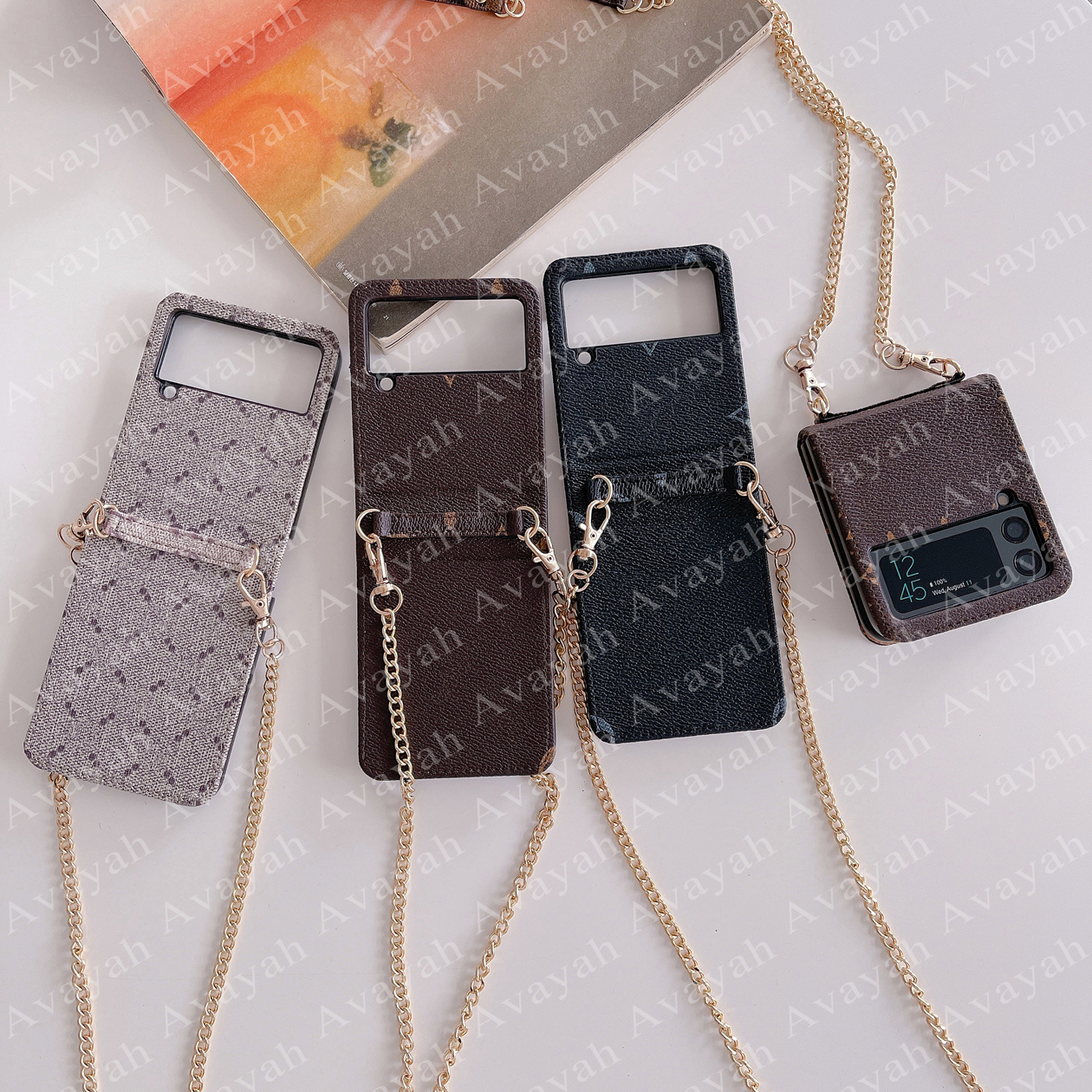 

Luxury Flower Letter Mobile Phone Cases for Samsung Z Flip 3 4 Cellphone Case Shell Flip3 Flip4 Full Body Protection Cover with Cross Body Strap, Black flower
