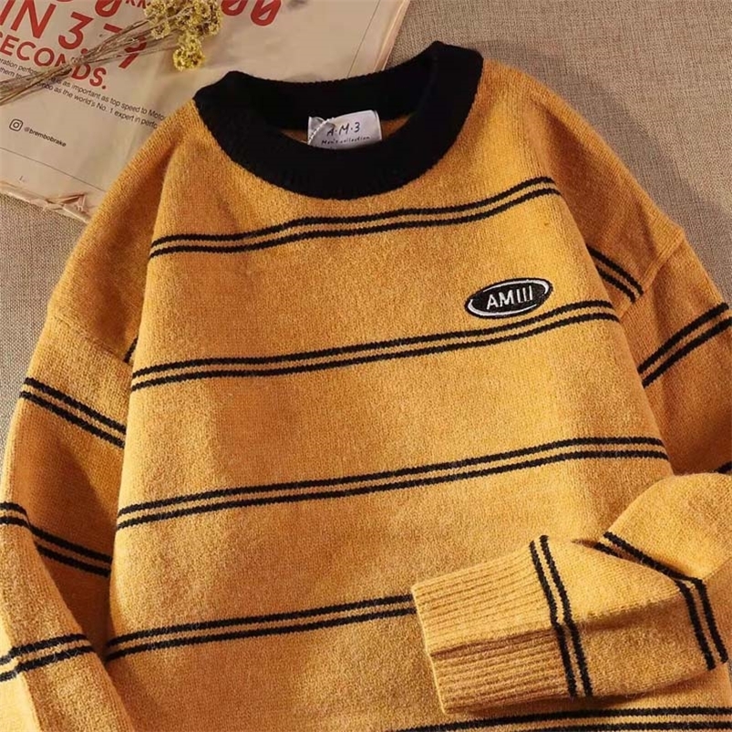 Pulls pour hommes Hong Kong Wind Ins Wild Rayé Pull à col rond Hommes et femmes Automne Hiver Version coréenne du kit de tendance Couple lâche Sw