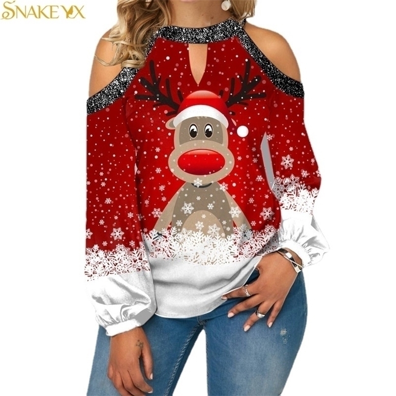 T-shirt pour femmes SNAKE YX Vêtements de Noël Cerf de Noël Imprimé Sans bretelles Haut à manches longues Doux Confortable Chemise à fond mince 2