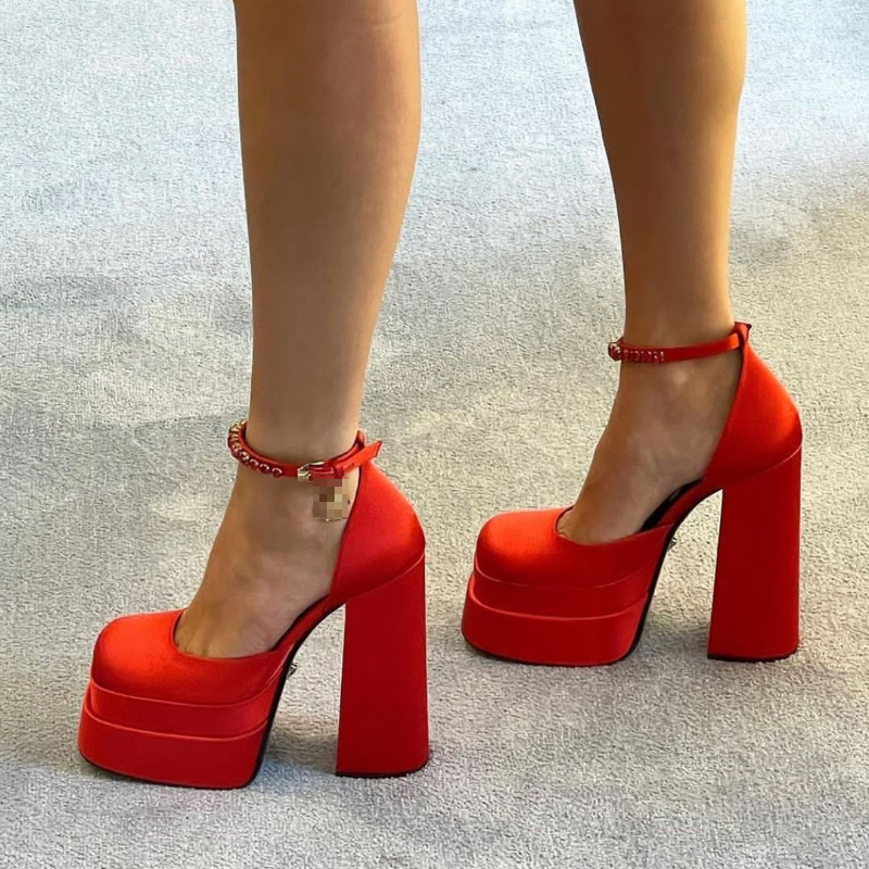 

New Thick Super High Heel Sandals Catwalk Leather Sexy Designer Shoes, Red