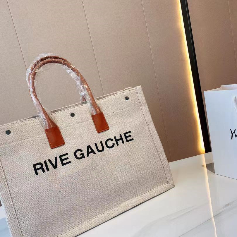 

Evening Bags 2022 Fashion bag luxury Handbags RIVE GAUCHE Collection Women's Black/White Linen Canvas Leather Print Snap Closure Tote bags, Beige/black