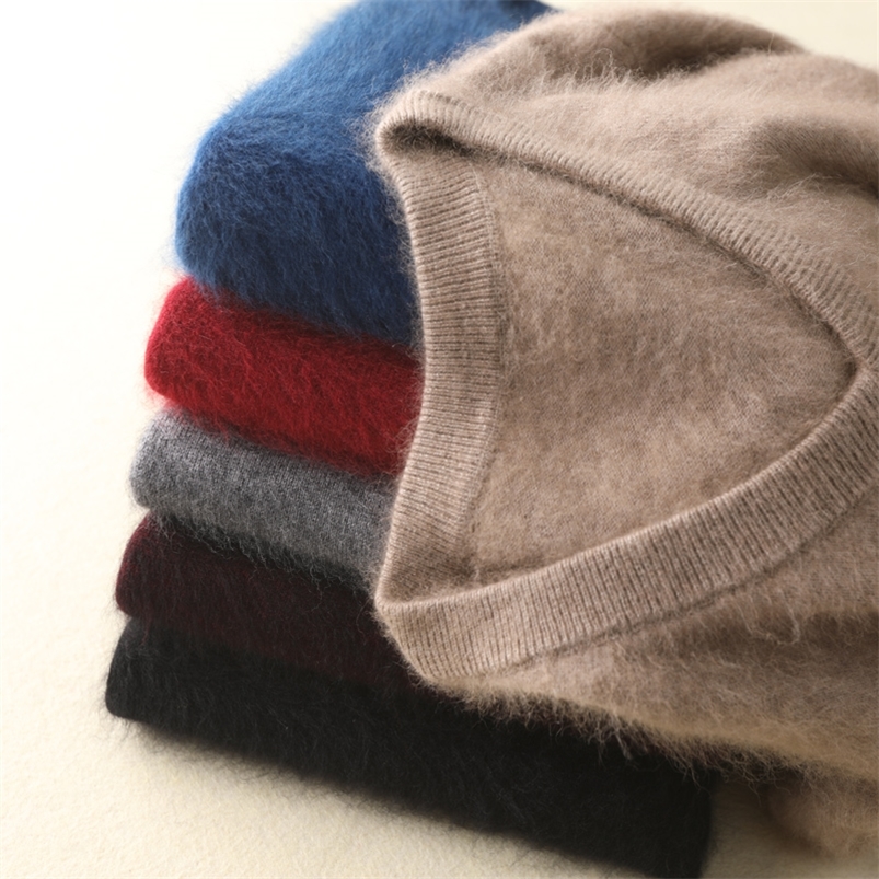 Men's Sweaters 100 pure Mink Cashmere Soft V Neck Casual Pullovers Winter Long Sleeve High Quanlity Tops 10Colors Jumpers 220829