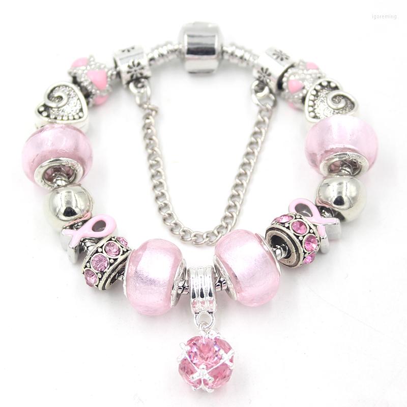 

Charm Bracelets Arrival Pink Ball Bead Bracelet Women Jewelry Breast Cancer Awareness Ribbon For Gift Bijoux Pulsera