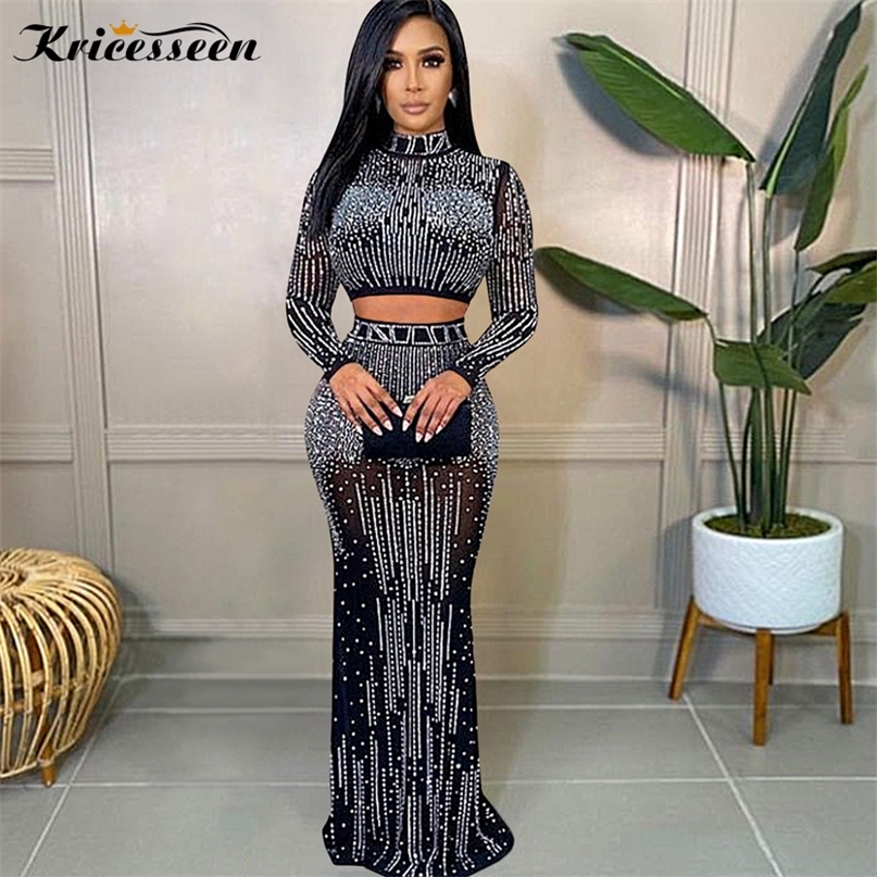 Robe deux pièces Kricesseen Sexy Mesh Drilling Voir à travers la jupe Ensemble Femmes Cristal Haut à manches longues et Maxi Costumes Clubwear Ou