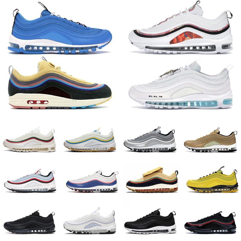 

97s Running Shoes Men Woman Black White Trainers Halloween Light Blue Red Leopard Reflective Bred South Beach Sports Sneakers 36-45