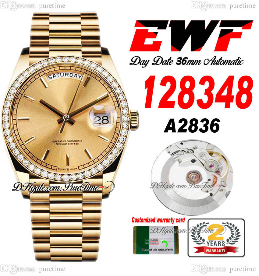 

EWF Day Date 128348 A2836 Automatic Unisex Watch Mens Ladies YG Diamonds Bezel Champagne Stick Dial Presidential Bracelet Same Serial Card Super Edition Puretime E5, Customized waterproof service