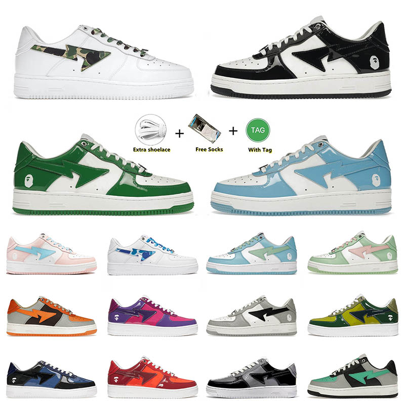 

Bapestas Baped Sk8 Sta Running Shoes Patent Black Blue Camo Green Mens Women Grey Orange Suede Skate Sports Athletic Sneakers, A10 black