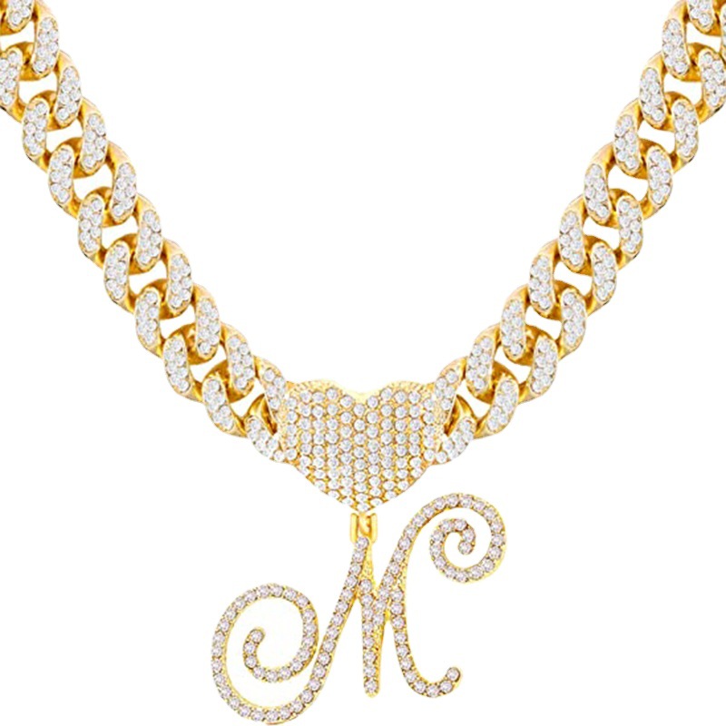

English Alphabet Letters Pendants Cuban Link Chain Necklace Jewelry Heart Necklace