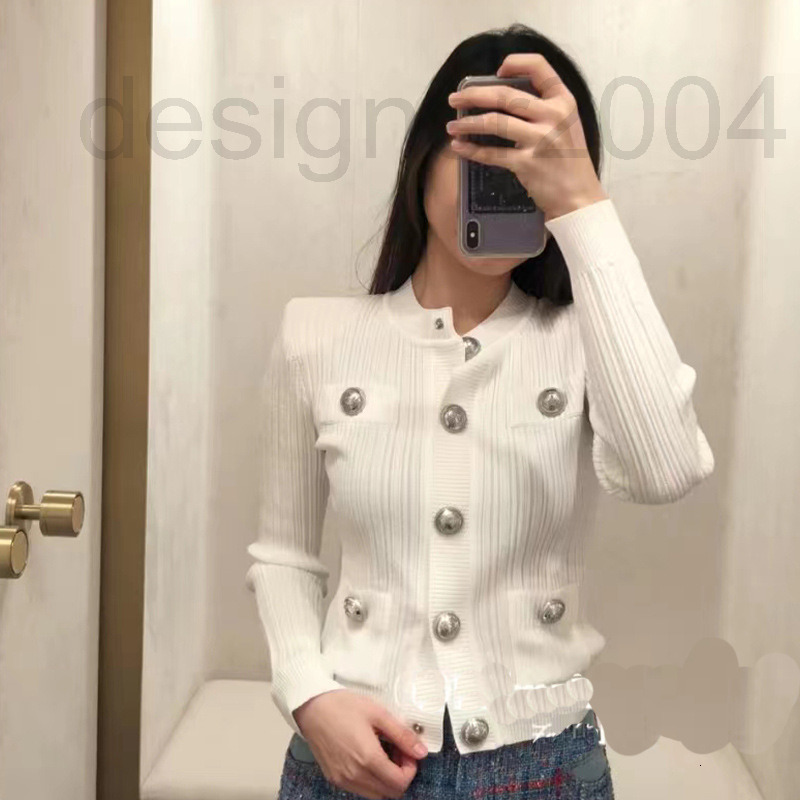 Women's Knits & Tees designer Balman knitted round neck vertical stripe shoulder pad long sleeve cardigan with thin temperament waist closin-image-796573073