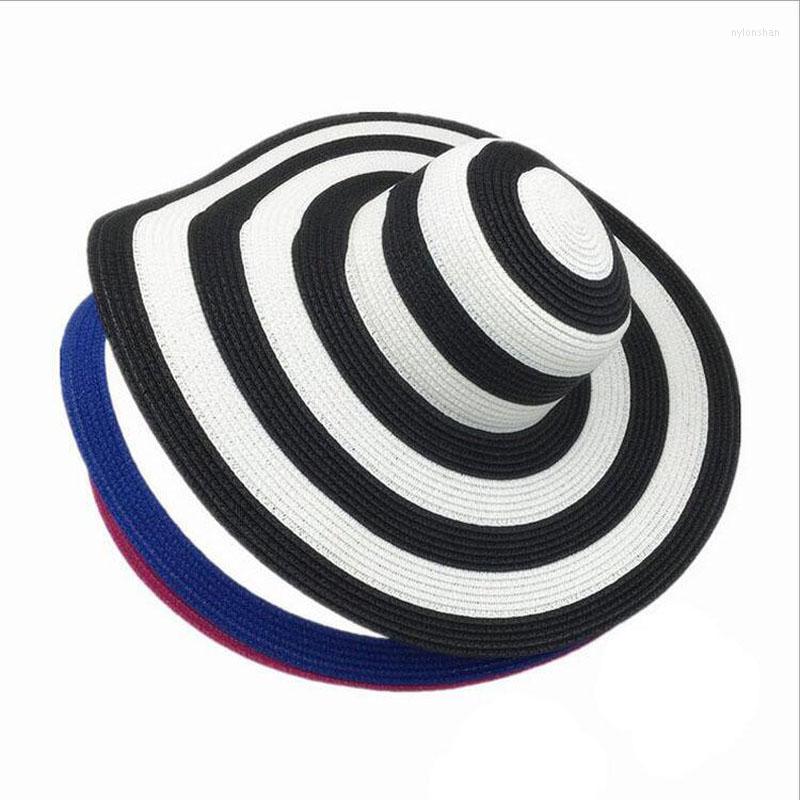 

Wide Brim Hats 2022 Summer Female Sun Visor Hat Big Classic Black White Striped Straw Casual Outdoor Beach Caps For Women