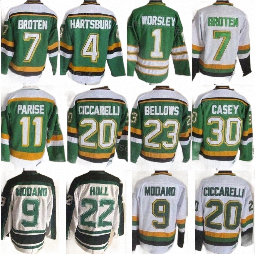 

College Hockey Wears jersey Men Retro Ice Hockey Vintage 23 Brian Bellows Jerseys 4 Craig Hartsburg 20 Dino Ciccarelli 1 Gump Worsley 30 Jon Casey 9 Mike Modano '' M09d#, 7 white