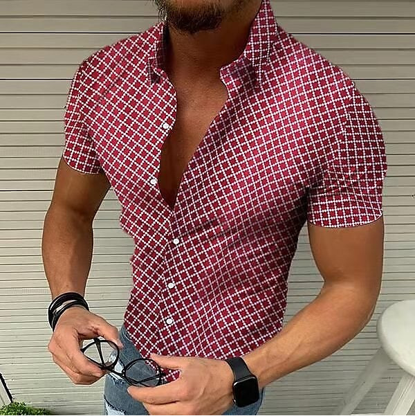 Men's Casual Shirts Summer Check Plaid Digital Printed Shirt Fashion Mens Bohemian Blouses Homme Design Tops Blouse High Quality Plus Size C