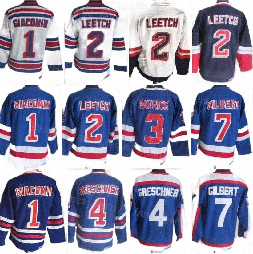 

College Hockey Wears jersey Men Retro Ice Hockey Vintage 4 Ron Greschner Jerseys 7 Rod Gilbert 2 Brian Leetch 1 Eddie Giacomin 3 James Patrick 75th Anniversar ''n D2Iu#, 1 white