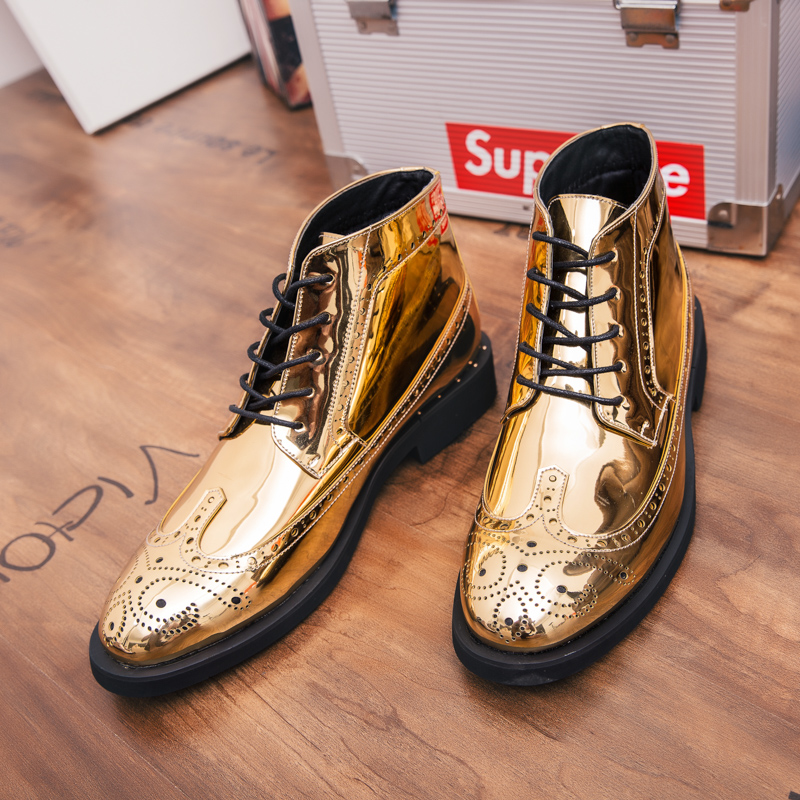 British Brogue Boots Men Shoes Glossy Patent Leather PU Classic Carved Lace Fashion Casual Street All-match AD045