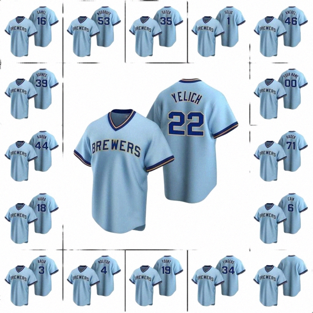 

College Baseball Wears milwaukee's Brewers Men Women Youth #19 Robin Yount 22 Christian Yelich 16 Ben Gamel 4 Paul Molitor Custom Powder Blue Cooperstown J8eA#
