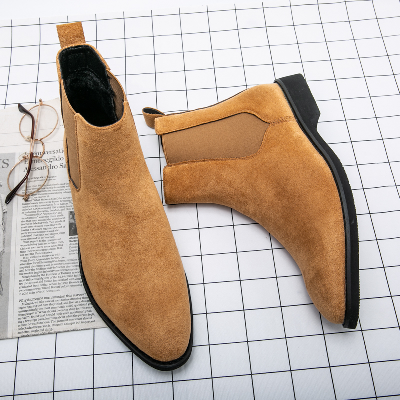 British Chelsea Boots Men Shoes Solid Color Faux Suede Classic Square Toe Wear Fashion Casual Street All-match AD033