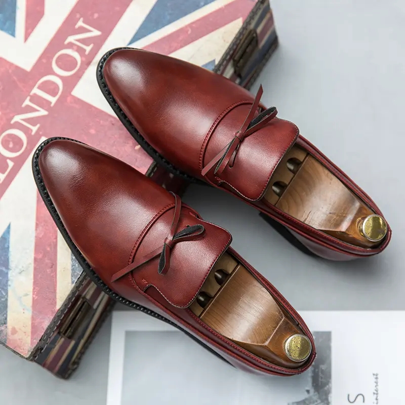 Mocassins hommes chaussures PU couleur unie classique mode nœud décoration bout pointu talon carré chaussures confortables AD100