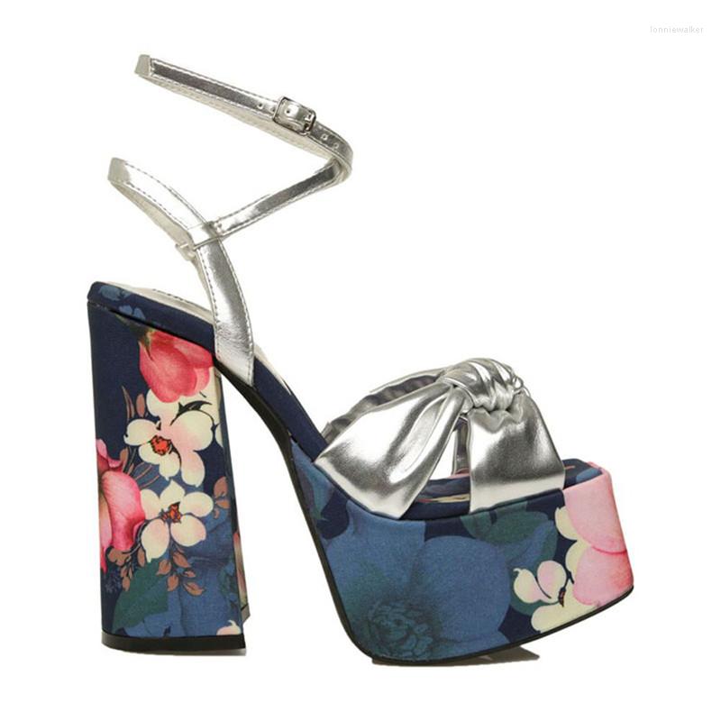 

Sandals Ladies Fashion Square Heel Platform Cross Lace Up High Heels Unique Pattern Butterfly Elegant Classic, Floral print