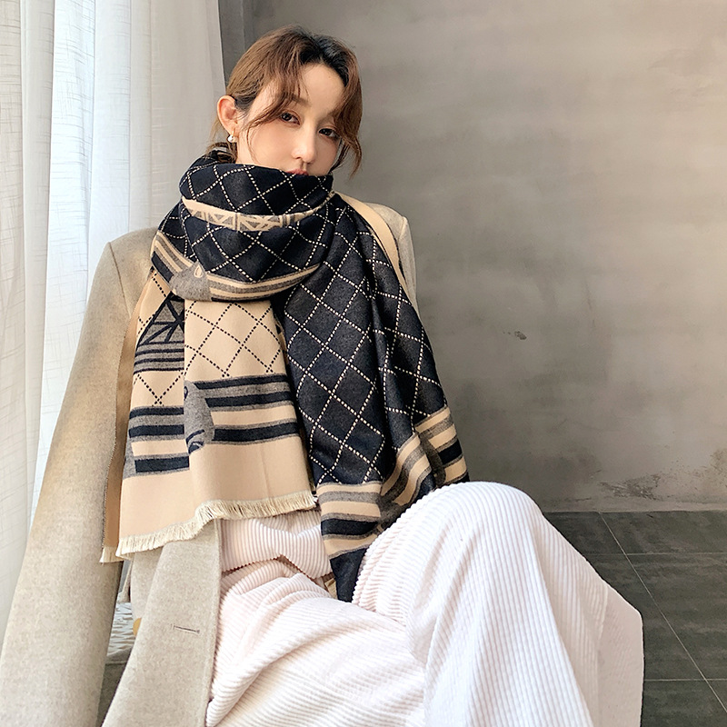 

Designer Silk Scarf Iron Tower Imitation Cashmere Scarves Female Winter Double-sided Thickened Student Warm Scarf