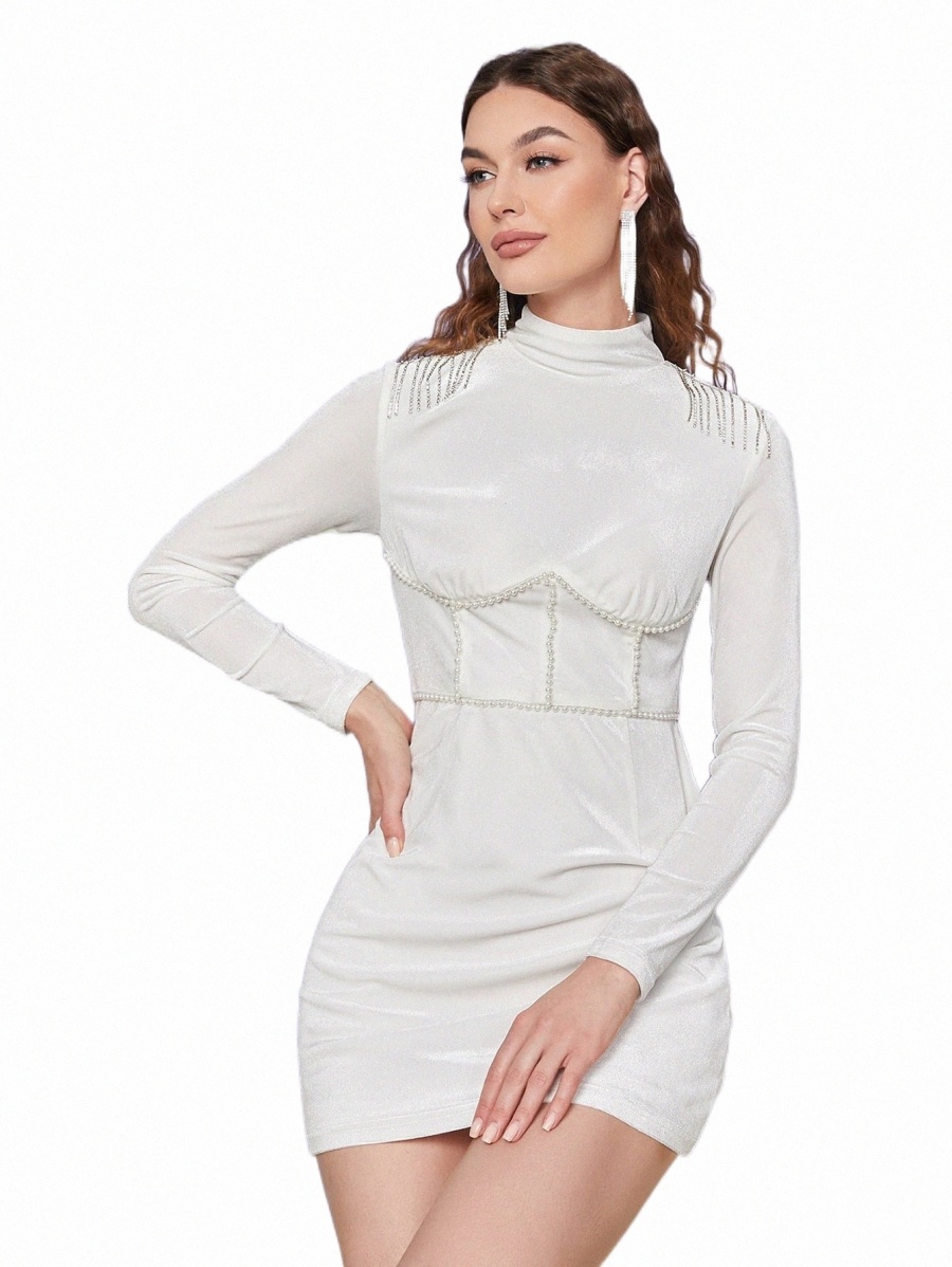 

Casual Dresses x Sara Locci Mock Neck Pearl Detail Rhinestone Fringe Dress X6q6#, White