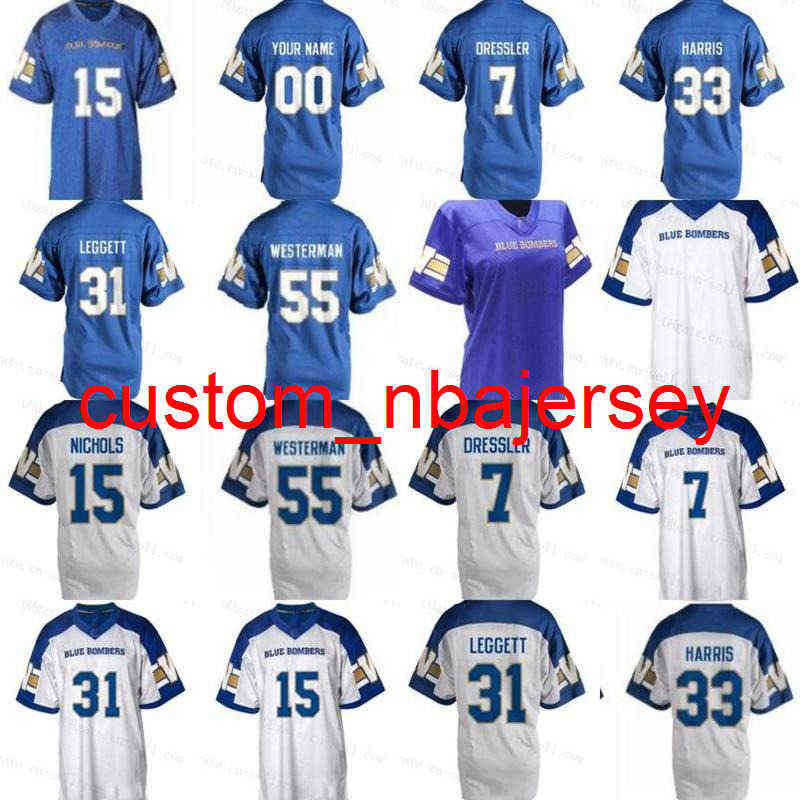 

Men's T Shirts Winnipeg Blue Bombers Custom Jerseys 15 Matt Nichols 7 Weston Dressler 33 Andrew Harris 31 Moe Leggett Jersey Any name and number, 31 moe leggett white