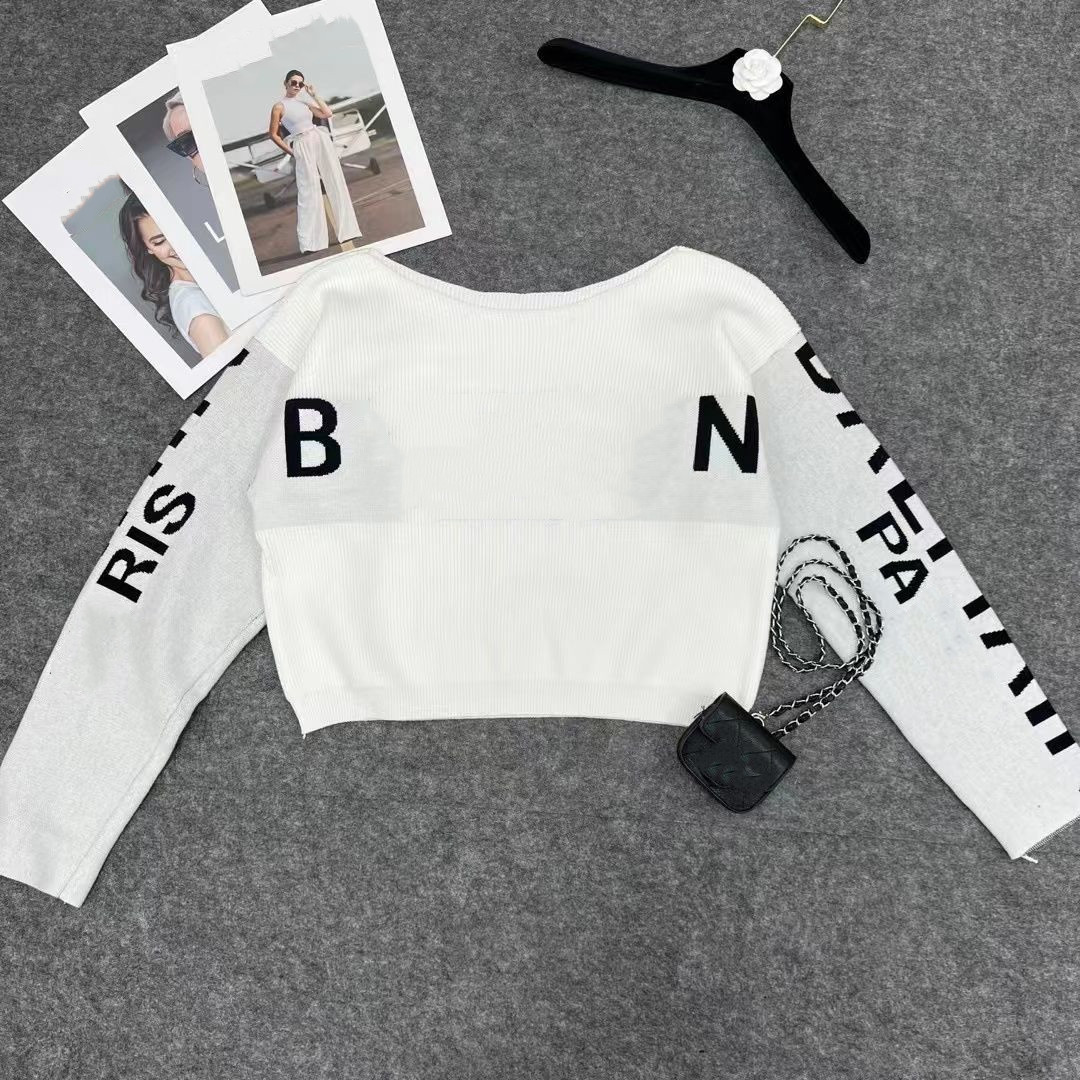 Women Sweaters Straight Shoulder Pullover With Letters Knit Shirt Sexy Hot Fasion Long Sleeve White Black Blue
