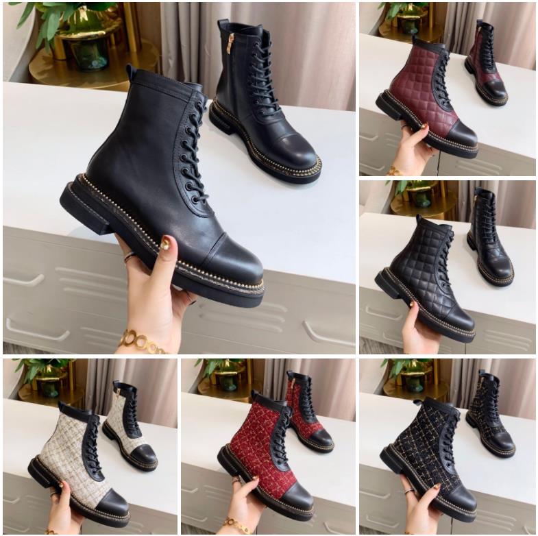 

top quality Casual Shoes Diamond Lattice Short Boots Thick Heel Martin Booties Lace up Leather Mixed-color Luxury Designer Booty, Color 1